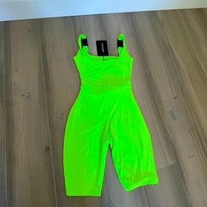 Neon Green Unitard. Biker short. Buckle straps